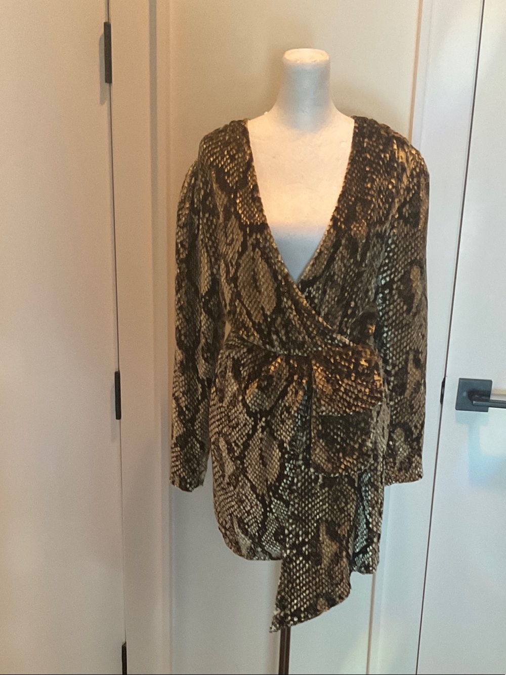Retrofete Olive & Black Snake-Print Wrap Dress
